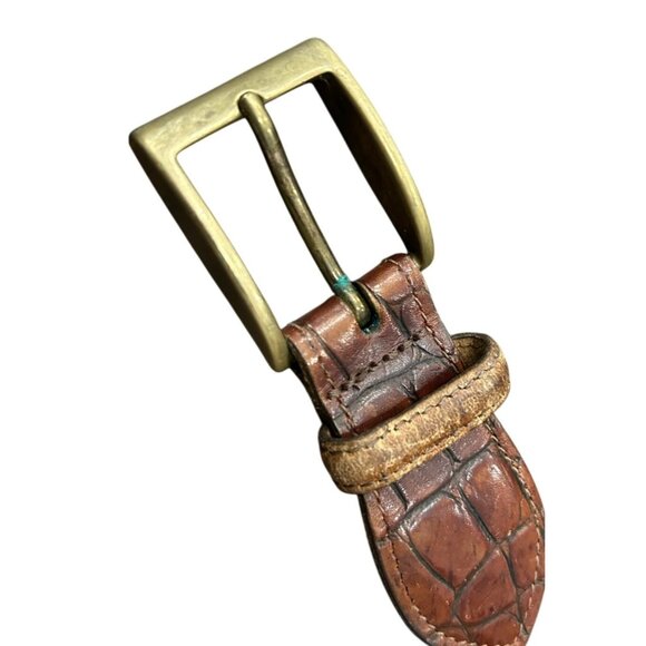 Vintage Jos A Bank Navy Leather Canvas Belt 38 Inch Brass Buckle Croc Embossing - Picture 3 of 9